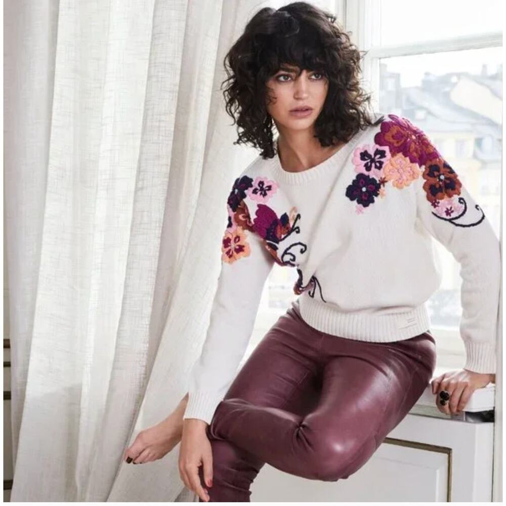 Odd Molly Miss Epic 3D Floral Boho Embroidered Cream Tan Sweater S Grandmacore